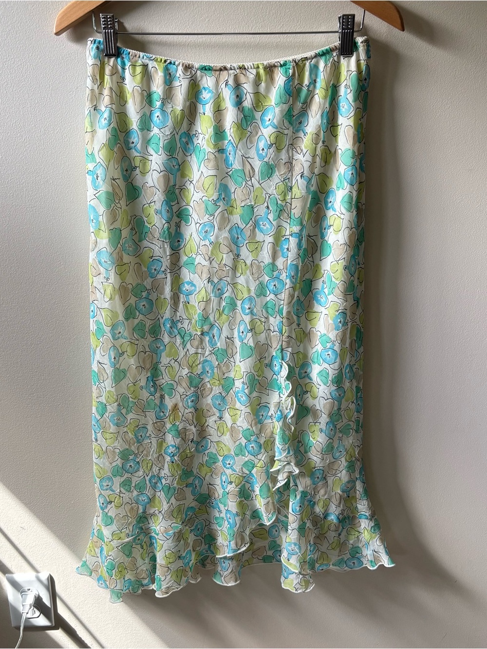Worthington Blue and Green Pastel Floral Ruffle Maxi Skirt